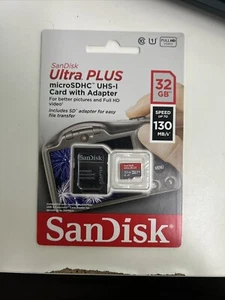 SanDisk Ultra PLUS 32GB 130MB/s MicroSDHC UHS-I Card with Adapter (NEW) - Zdjęcie 1 z 1
