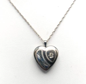 Vintage Estate Sterling Silver Heart Locket Etched 925, 18" Hinged Open Heart - Picture 1 of 8