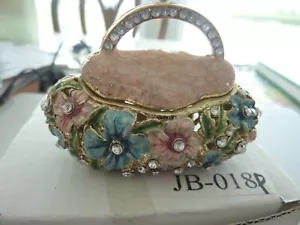 Enamel Metal Purse Clutch Magnetic Lid Floral Crystal Jewelry Trinket Box - Picture 1 of 9