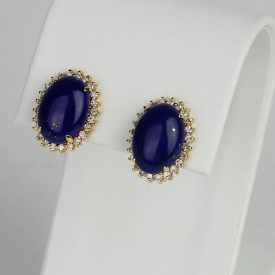 Vintage 14k Yellow Gold, Lapis, Diamond Halo Women's Omega/Stud Earrings - Image 1 of 2