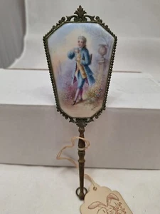 Antiker 7,25" Waschtisch Handspiegel mit signierter Porzellan Plakette vergoldetes Messing um 1890 - Bild 1 von 6