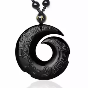 Natürliche schwarze Obsidian doppelseitig Glück Halskette Schmuck Anhänger mit Kette - Bild 1 von 5