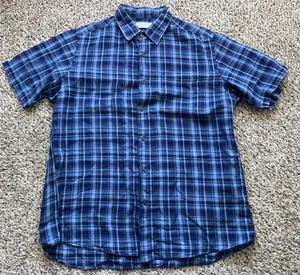 Uniqlo Shirt Mens Large Blue Plaid Button Up Linen Cotton Short Sleeve - Picture 1 of 6