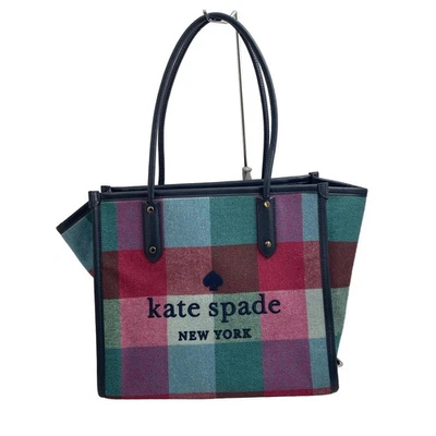 Auténtico Bolso de Mano Kate Spade Ella Festive Check Tela K9430 Azul Marino Verde Multi Lana Foto 1 de 4