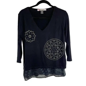 Desigual Black & Silver Studded Mandala 3/4 Sleeve Shirt Women's Size Medium - Picture 1 of 8