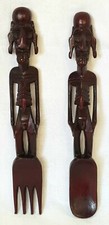 VGE CARVED WOODEN SPOON & FORK MOAI EASTER ISLAND CHILE ISLA DE PASCUA 20,5 CM 