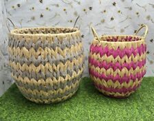 2x Hand Made Woven Colourful Nesting Storage Baskets Straw Rattan 10” & 9” High