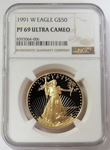 1991 W PROOF $50 GOLD AMERICAN EAGLE 1oz NGC PF 69 ULTRA CAMEO - Picture 1 of 2