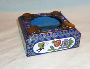 1930s Closionne Square Ashtray w/ Butterfly Flower Chinese Canton Enameled Panel - Picture 1 of 5