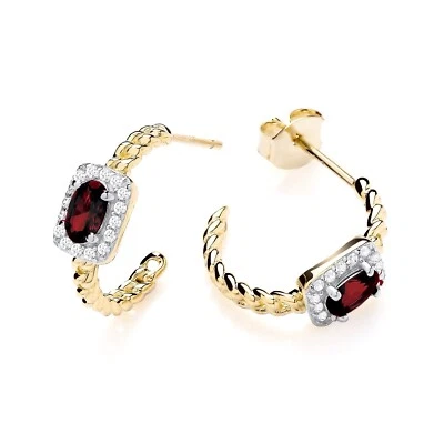 9ct Gold on Silver simulated Ruby & CZ Crystal Halo Huggie Cuff Stud Earrings - Image 1 of 4