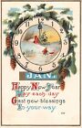 1912 New Year Motto PC-Snowy Pine Around Clock At Midnight Framing Snowy Scene