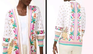 Maglione cardigan Chicos taglia 3 XL estivo romantico ananas nuovo senza etichette bordo frange - Foto 1 di 8