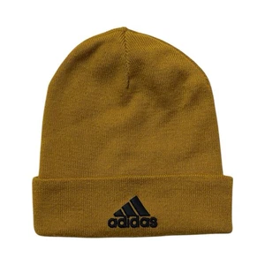 Adidas Beanie Knit Hat Mens Three Stripe Embroidered Mustard Brown - Picture 1 of 5