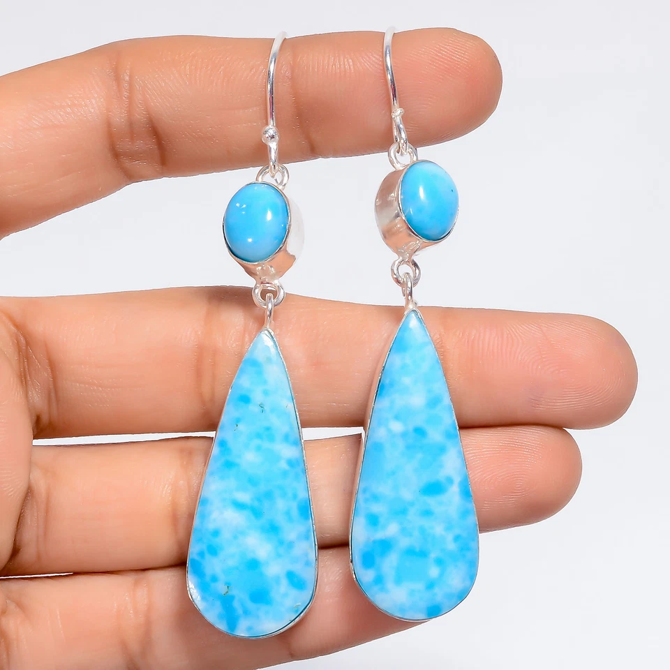 Pendientes colgantes hechos a mano de plata 925 con piedras preciosas turquesa Larimar 3" ARE-5417 Foto 1 de 1