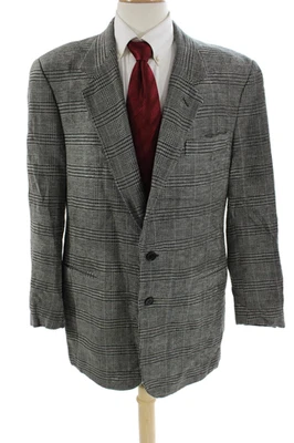 Donna Karan 签名男式格子灰色羊毛混纺西装外套纽扣领 44 码 — 第 1/4 张图片