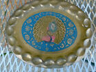 VTG  Peacock brass Tray Hanging Wall engraved scalloped edge etched  Blue pink