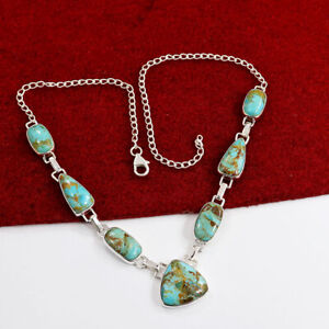 Natural Blue Boulder Turquoise Necklace Silver 925 Sterling Handmade Jewelry 18"