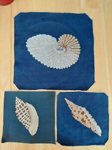 Completed Seashell Cross Stitch Unframed Blue Black Fabric