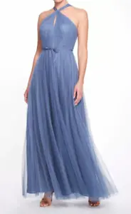 Marchesa Notte Bridesmaid Marine tulle halter dress slate blue 18 floor NWT flaw - Picture 1 of 6