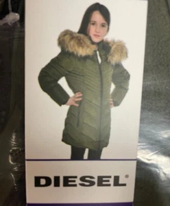 DIESEL GIRLS PUFFER REMOVABLE FAUX FUR JACKET (OLIVE GREEN 10)NWT - Picture 1 of 3