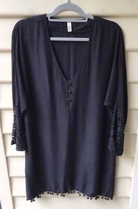 Baku Black Dress Lace Sleeve Trim L 14 V-Neck Pom Pom Hem Beach Cover Up As New - Picture 1 of 8