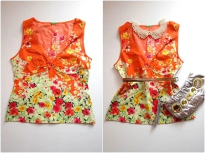 Sexy Top Benetton Mujer Naranja Sin Mangas Informal Algodón Verano Floral Talla M AV21 Foto 1 de 4