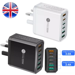 USB C Plug, 55W 6-Port Fast Charger Plug UK Dual Port PD Power Adapter +QC Multi - Picture 1 of 13