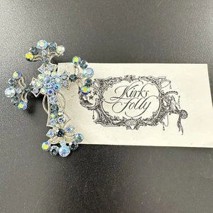 Signed KIRKS FOLLY Rhinestone Brooch Pendant Blue Cross Design #169 - Picture 1 of 11