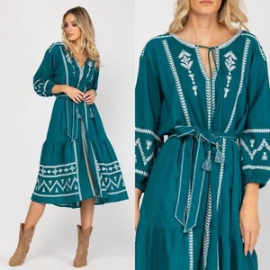 ZARA oversized embroidered green teal maxi midi kaftan dress size 8 10 12 - Picture 1 of 9