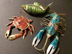 HTF Set of 3 Alsan Victorian Enameled Cloisonné Ornament, Fish, Crab, crawfish - Picture 1 of 13
