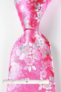 New Classic Floral Pink Silver JACQUARD WOVEN 100% Silk Men's Necktie Tie - Picture 1 of 6