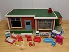 Vintage 1970S Unusual Wooden Doll House 1 Level Bungalow & Plastic Furniture