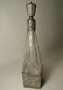 Art Nouveau Hanau 800 solid silver mounted cut glass engraved liquor decanter - Picture 1 of 15