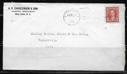 Canada Advertising Cover - Bella Coola 1938 - A.C. Christensen General Merchant Cover