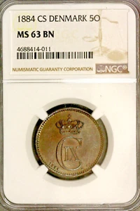 Denmark 1884 CS 5 Ore  NGC MS 63 BN - Picture 1 of 2