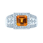 14k White Gold Emerald Square Orange Citrine Diamond Cocktail Ring Natural