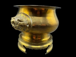 Antiker asiatischer Messing Opfer Topf Doppelkopf Löwe / Foo Hund & Sockel - Bild 1 von 12