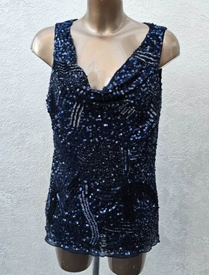 Embelished Sequin Vest Cami Cowl Top Size 12 Navy Xmas Party Berkertex Blouse - Image 1 of 4