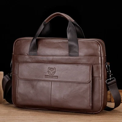Hombres Cuero Genuino Bolso Mensajero Negocios Trabajo Maletín Bolso Bandolera Foto 1 de 4
