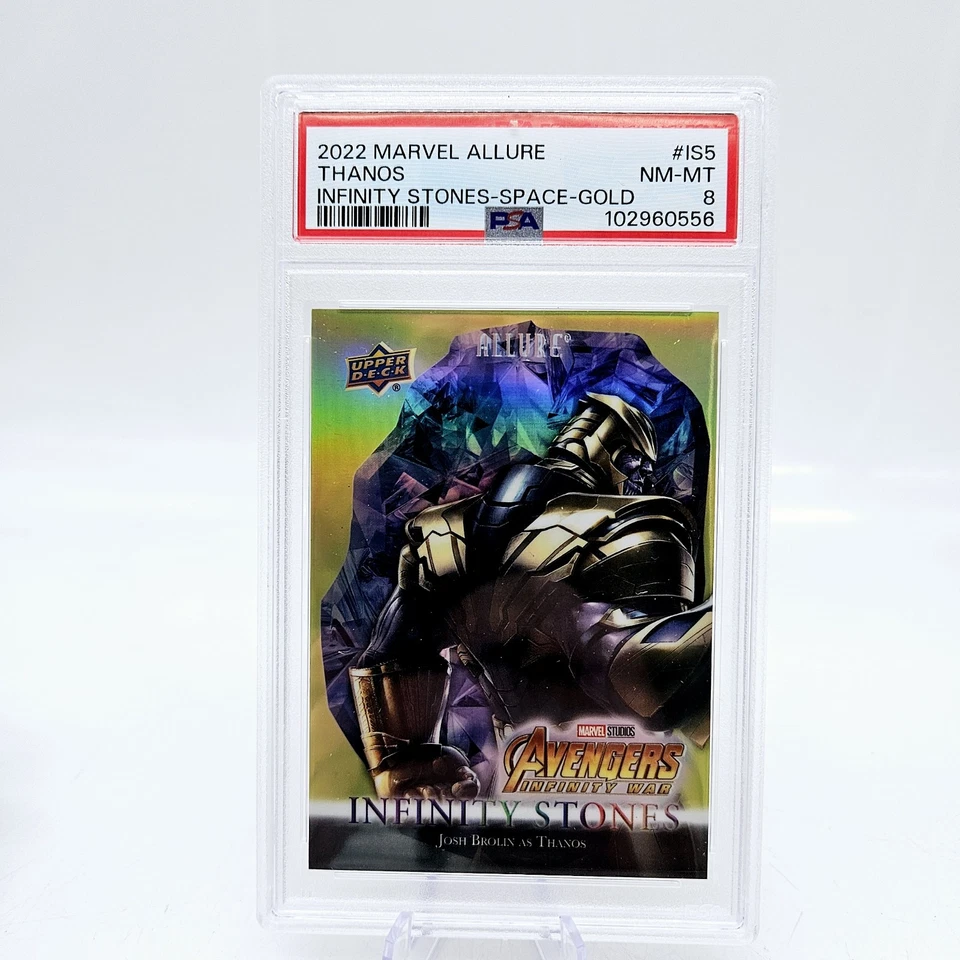 2022 Upper Deck Marvel Allure Thanos #5 Infinity Stones Space Gold 19/99 PSA 8 - Image 1 of 3