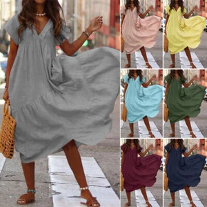 UK Women Summer Short Sleeve V-Neck Beach Dress Sundress Party Club Maxi - Picture 1 of 22