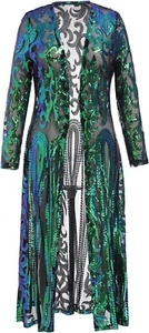 Pailletten Long Strickjacke Langarm Netz durchsichtig Damen Größe 3XL Staubtuch - Bild 1 von 6
