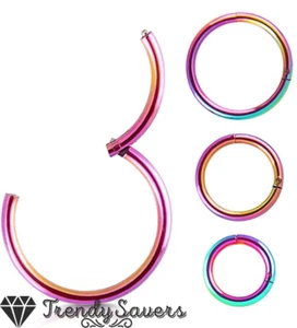 TITANIUM HINGED PIERCING CLICKER HOOP SLEEPER RAINBOW EAR RING TRAGUS NOSE HINGE - Picture 1 of 20