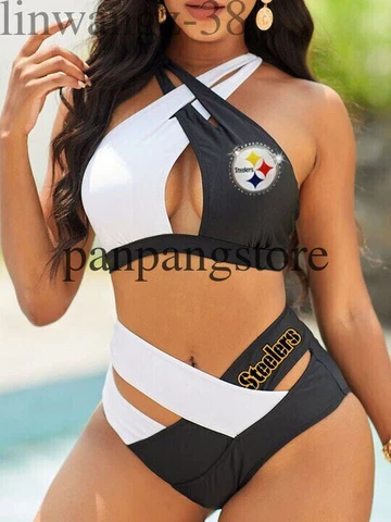 Pittsburgh Steelers 2PCS Halter Bikini Set Criss Swimsuit High Waist Beachwear Cover