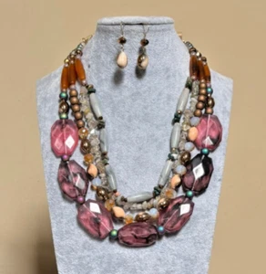 Four Layers Multi color Lucite And Glass Bead Necklace earring set - Picture 1 of 3