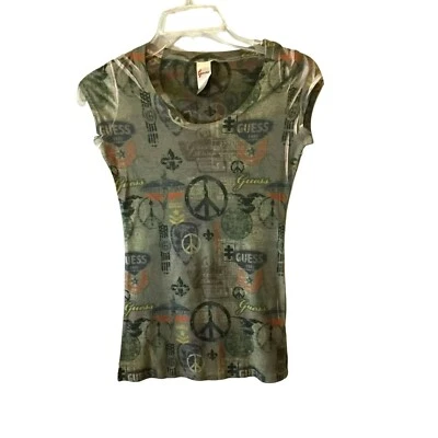 Camiseta ajustada Guess para mujer talla 4 manga gorra Roadway Peace Sign verde elástica Foto 1 de 4