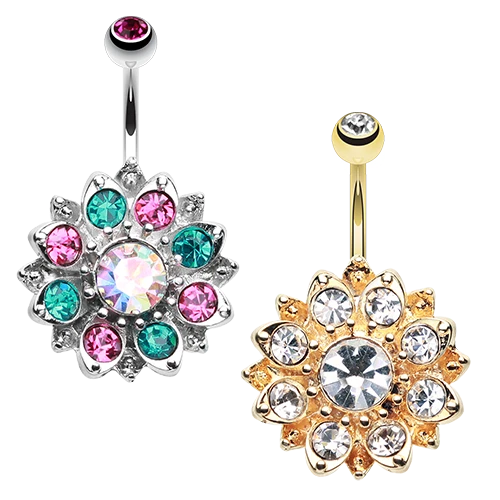 Gold Lotus Sparkle Flower Belly Ring Silver Fuchsia Teal Aurora Borealis Clear - Image 1 of 1