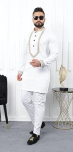 Men's African Embroidered Shirt Pants Groom Wedding Guest Birthday Party Outfit - Picture 1 of 5