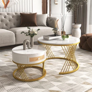Couchtisch 2er Set Beistelltisch mit Schublade Metallrahmen Wohnzimmertisch Weiß - Bild 1 von 11
