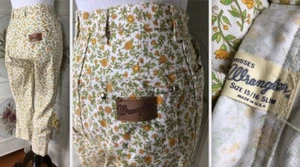 VTG 60s MISSES WRANGLER USA YELLOW FLOWER HIPPIE JEANS DENIM PANTS 15/16 SLIM - Picture 1 of 12